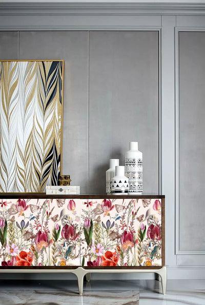 Floating City Flower Wardrobe Sticker Light Luxury Fashion Self-Adhesive Wallpaper Bedroom Cabinet