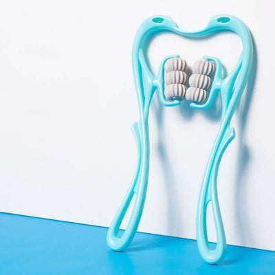 Multifunctional Manual Six-wheel Neck Massager Massage Relieve Roller Massage Tool in turquoise color against a blue background.